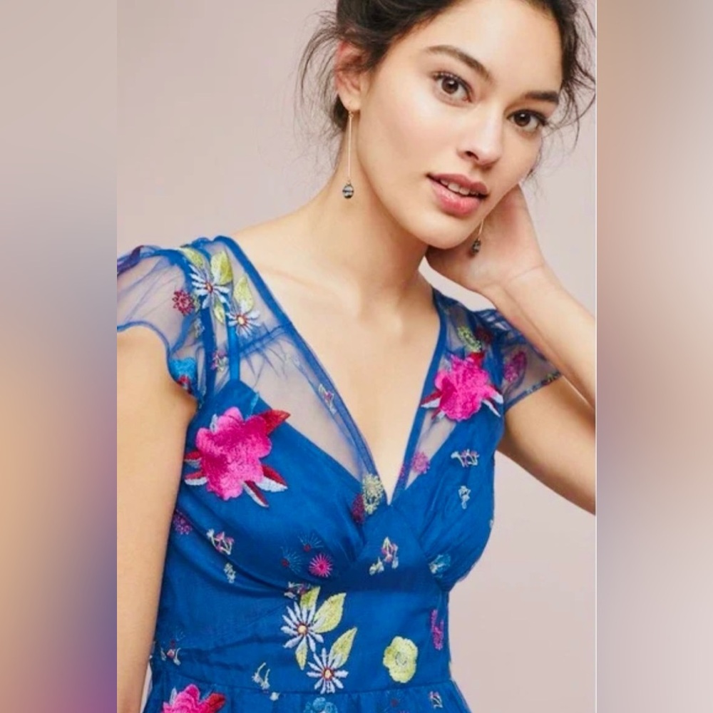 Tracy Reese for Anthropologie, Embroidered Topaz Blue Dress, Size M - Picture 3 of 12